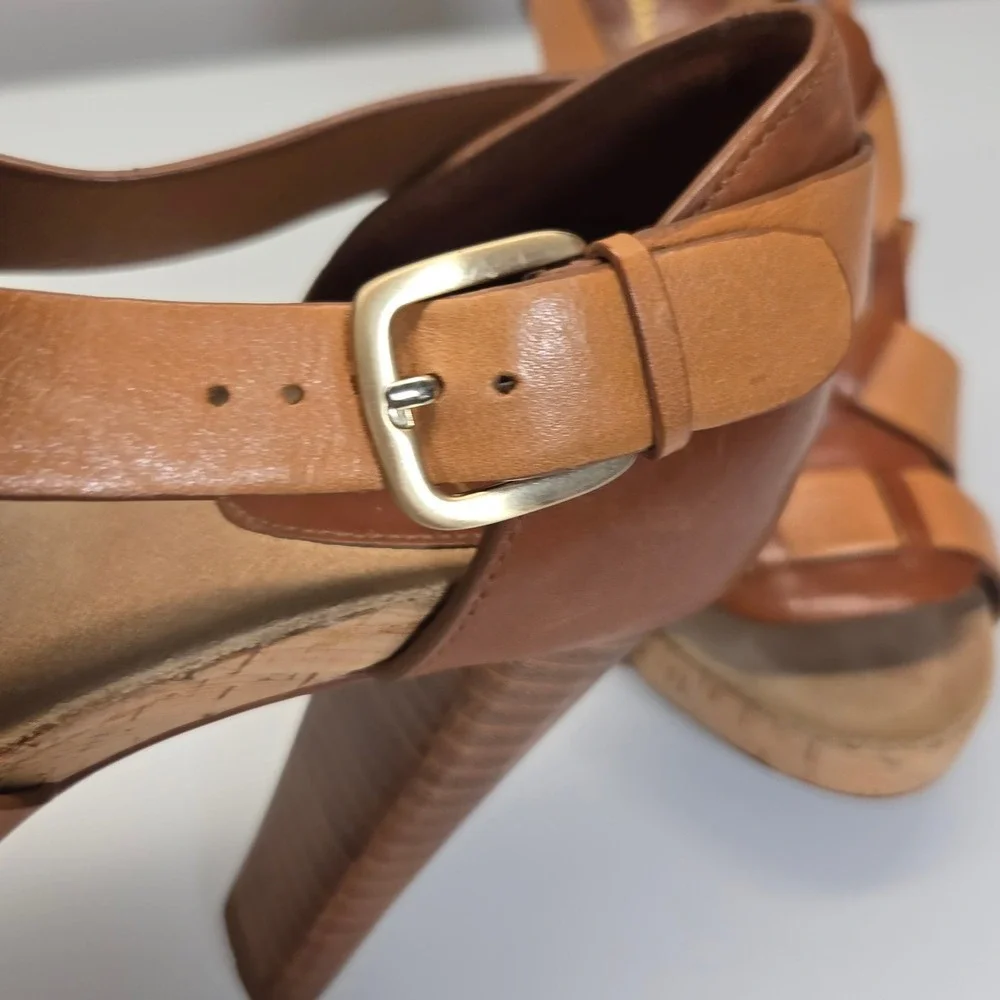 Vintage Y2K Cole Haan Leather Sandals 6B Brown Cork Chunky Platform Heel Strappy